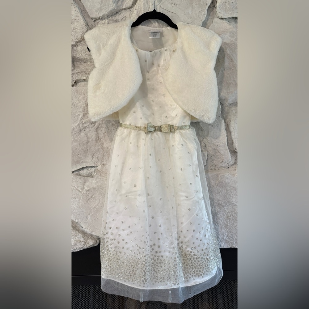 Jona Mitchell | Girls Elegant Ivory and Gold Dress with Faux Fur Shrug, Size 12